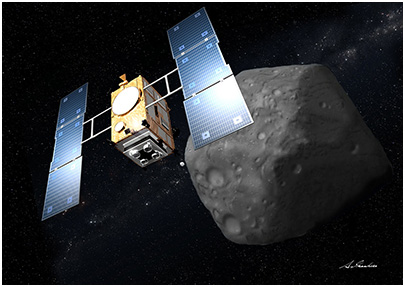 ターゲットマーカーを小惑星に投下する「はやぶさ2」
