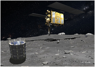 小惑星にタッチダウンをする「はやぶさ2」