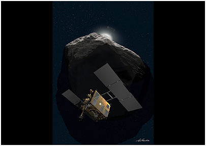 爆発する衝突装置から見えない小惑星の陰で待避する「はやぶさ2」